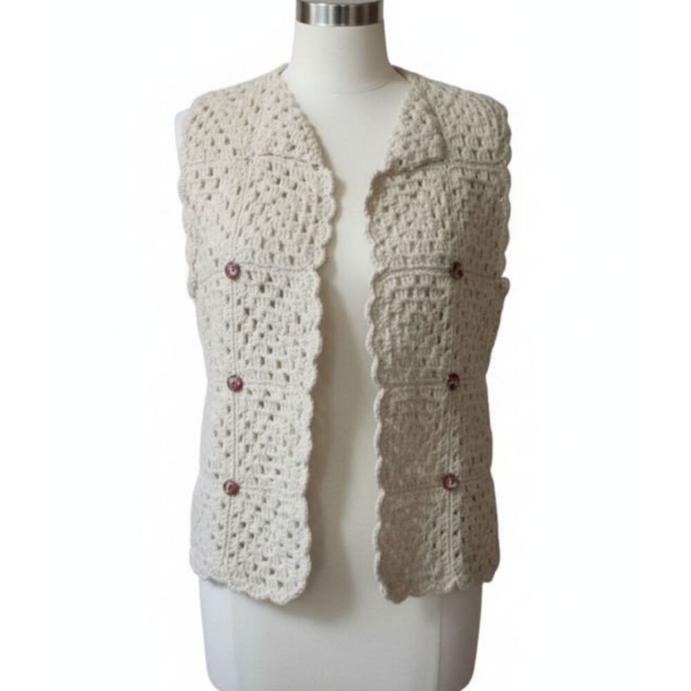 Vintage Handmade Tan Knit Crochet Vest Colorful Button Detail Large